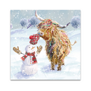 Colorful highland cow and snowman in a snowy landscape