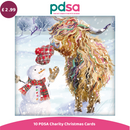 PDSA charity Christmas card with a highland cow and snowman in a snowy landscape, featuring the PDSA logo and price.