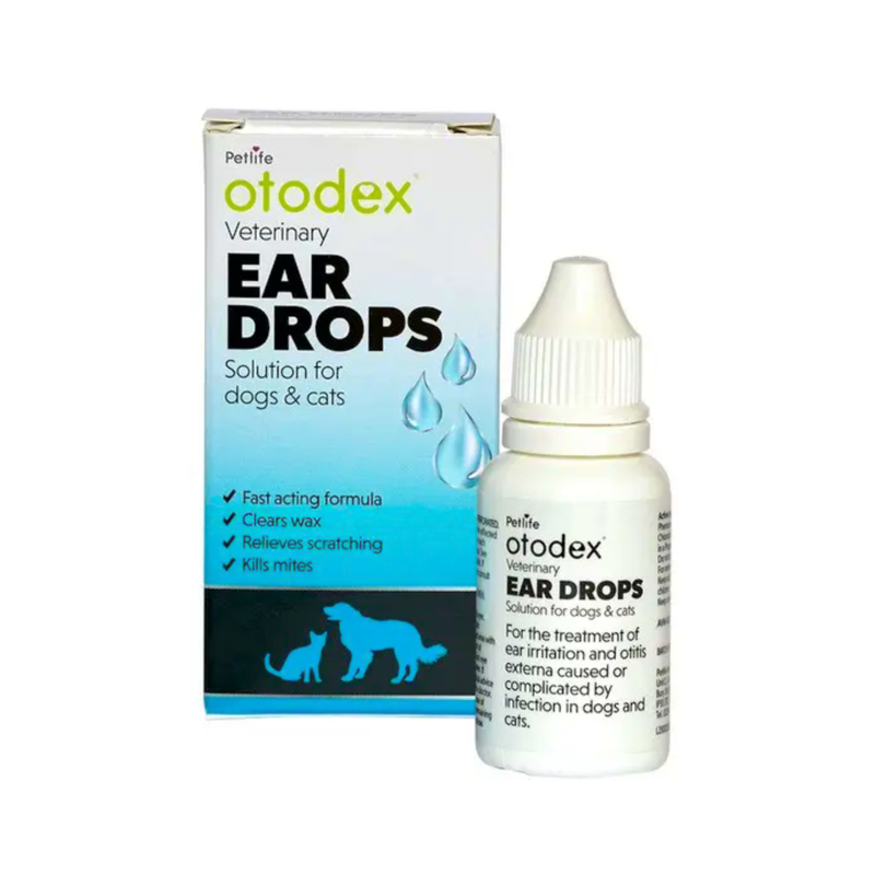 Otodex Veterinary Ear Drops for dogs and cats with packaging on a white background