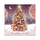 Christmas card with a decorated Christmas tree, snowy landscape, and 'Christmas Wishes' text.