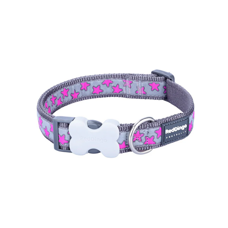 A Red Dingo Pink Stars Dog Collar on a white background