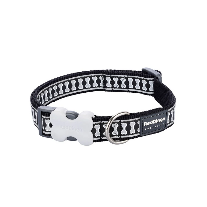 A Red Dingo Black Reflective Dog Collar on a white background