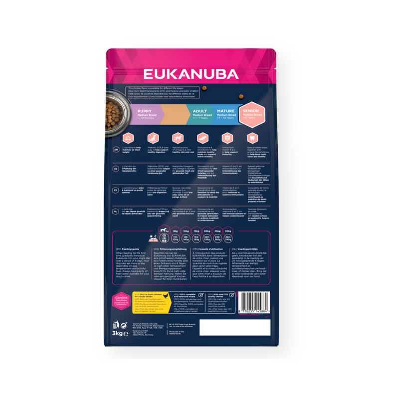 Eukanuba Caring Medium Senior Dry Food Chicken back on white background
