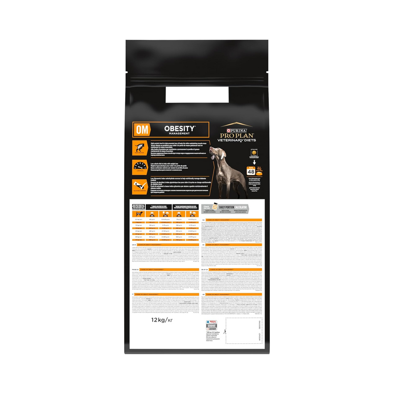 Purina Pro Plan Veterinary Diets OM Obesity Dry Dog Food rear on white background