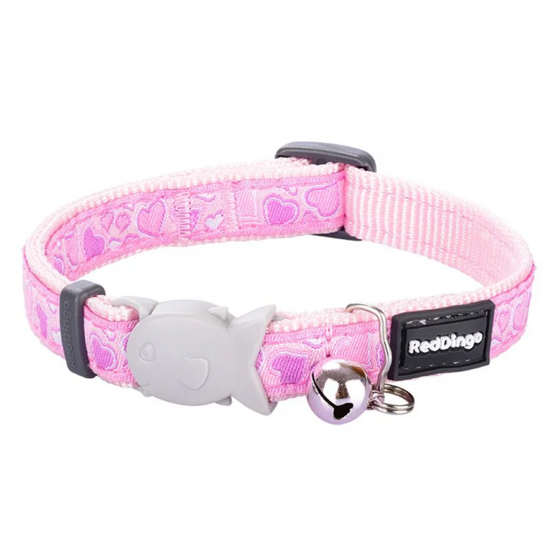 A close up of a Red Dingo Love Pink Cat Collar on a white background