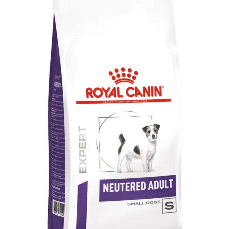 A close up of a bag of ROYAL CANIN® Neutered Adult for Small Dogs