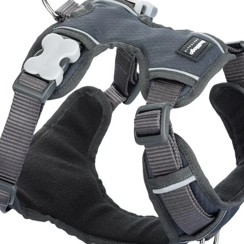 A close up of a Red Dingo Padded Cool Grey Dog Harness on a white background