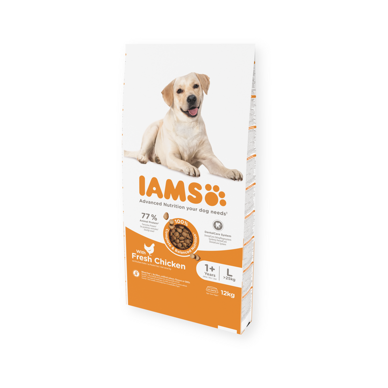 IAMS Dry Adult Dog Food Fresh Chicken (Large Breed) 12kg on white background