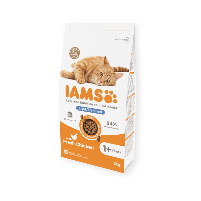 IAMS Dry Adult Light Sterilised Cat Food Fresh Chicken 2kg on white background