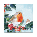 Card with a robin and holly berries in a snowy scene