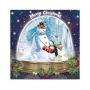 Christmas card with a snow globe design featuring a snowman and penguin holding a gift, surrounded by holly leaves and stars.