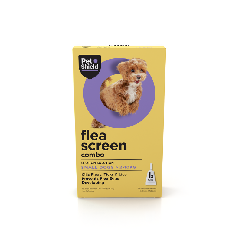 Pet Shield flea screen combo packaging for small dogs on a white background