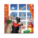 Three dogs looking out a window at a Christmas scene with Santa's sleigh.