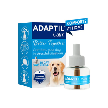 ADAPTIL Calm dog anxiety relief refill bottle and packaging box on a white background. The box is blue and white with a photo of a yellow Labrador retriever, and the bottle has a white cap and a blue label.