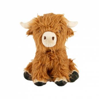 An Ancol Heritage Highland cow plush dog toy with shaggy brown fur, beige horns and muzzle and black hooves, shown against a plain white background.