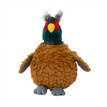 An Ancol Heritage plush pheasant toy with brown shaggy body feathers, a dark green neck, red face, yellow beak, and grey feet, isolated on a white background.