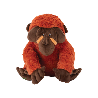 An Ancol plush dog toy orangutan, with reddish-brown fur, a dark brown face and hands, and small orange accents around the eyes and nose, photographed on a plain white background.