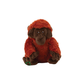 An Ancol plush dog toy mini orangutan, with reddish-brown fur, a dark brown face and hands, photographed on a plain white background.