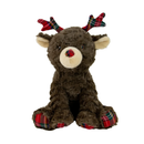 White background with a brown reindeer plush dog toy with tartan features: antlers, nose and feet with stitched eye details and a cream muzzle and inner ear. 