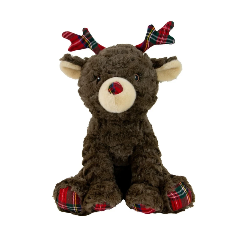 White background with a brown reindeer plush dog toy with tartan features: antlers, nose and feet with stitched eye details and a cream muzzle and inner ear. 