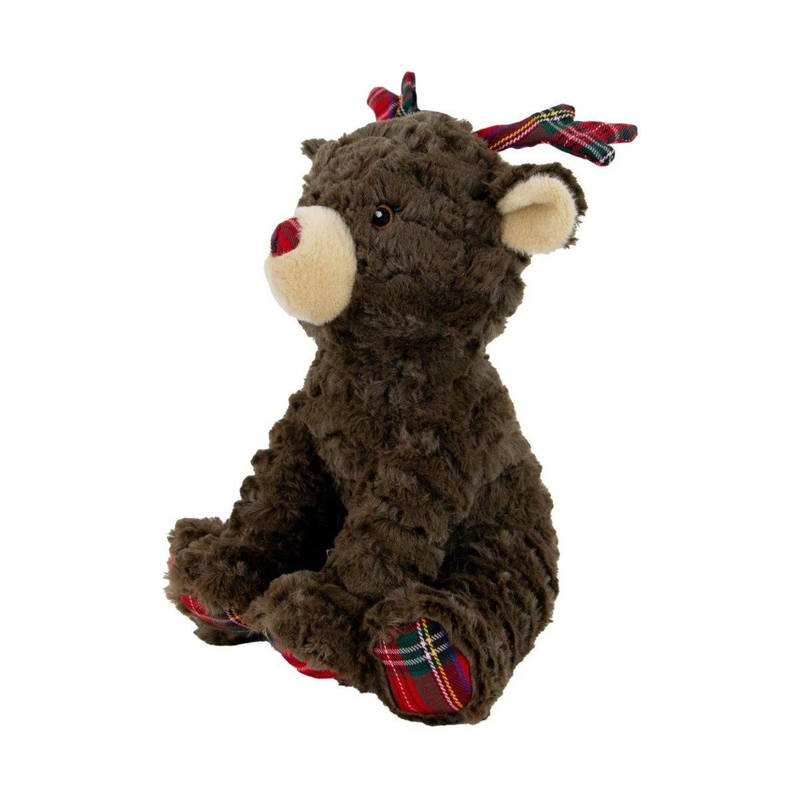Side view of a brown reindeer plush dog toy with tartan features: antlers, nose and feet with stitched eye details and a cream muzzle and inner ear. Pictured on a white background. 