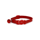 White background with a Ancol gloss reflective red cat collar with a red plastic safety buckle and a red bell pictured. 