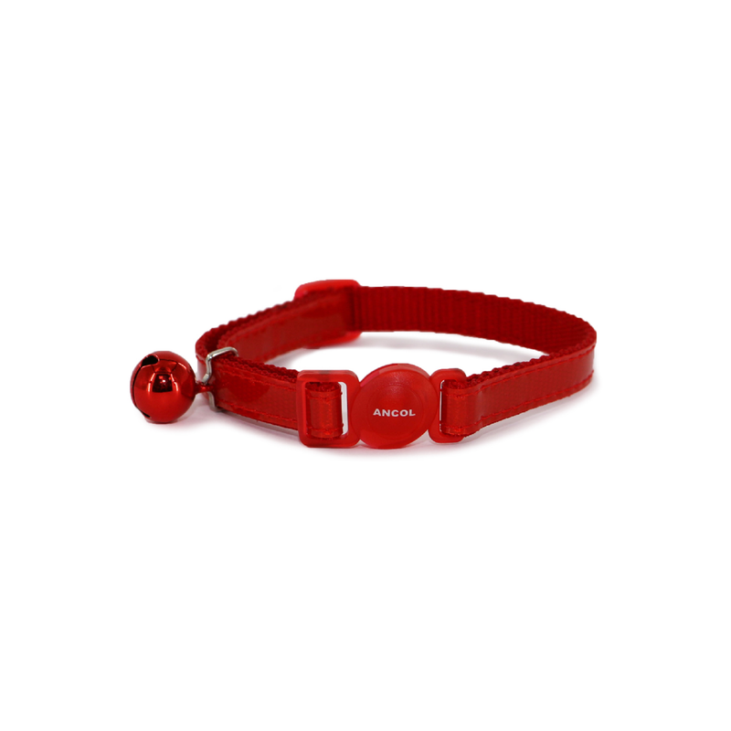 White background with a Ancol gloss reflective red cat collar with a red plastic safety buckle and a red bell pictured. 