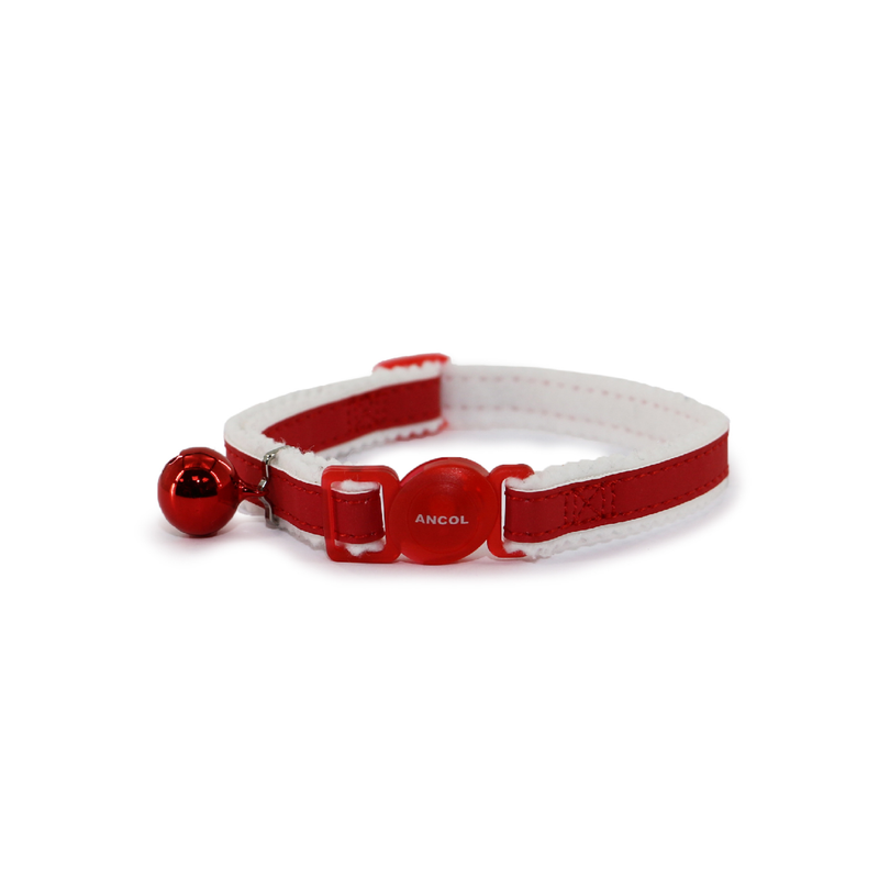 White background with a Ancol reflective red cat collar with a plastic safety buckle and a red bell pictured. 