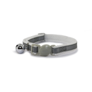White background with a Ancol reflective silver cat collar with a plastic safety buckle and a silver bell pictured. 