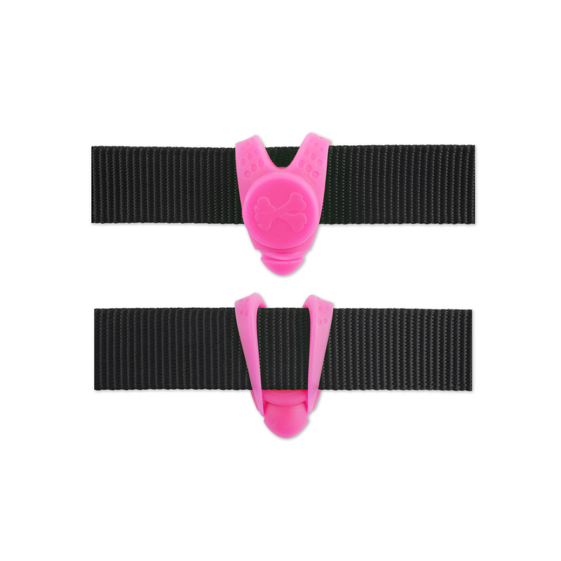 White background with a Ancol safety light blinkers in pink attached to a collar. 