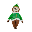 White background with a brown sloth plush dog toy wearing a green festive outfit and hat with stitched eye details and a cream face. 
