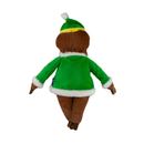 White background with a back view of a brown sloth plush dog toy wearing a green festive outfit and hat.