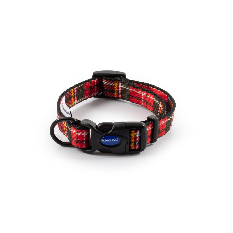 White background with a red tartan dog collar with a black plastic clip with 'ancol' written inside. 