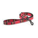 White background with a red tartan dog lead with a black metal clip.
