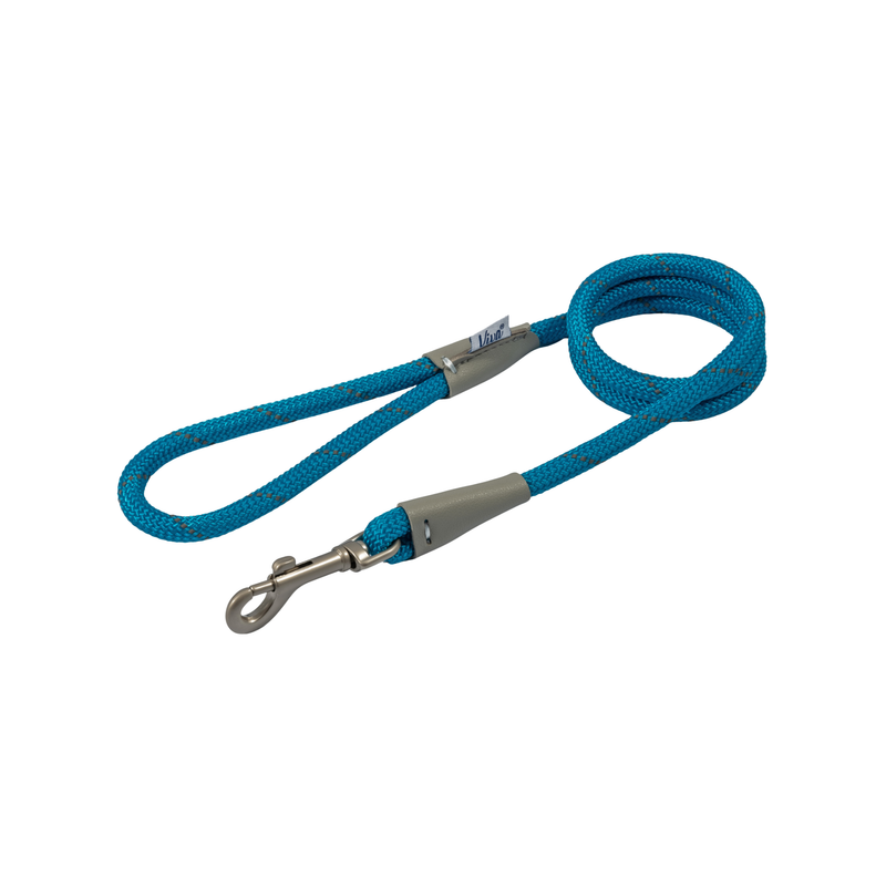 White background with a blue 1.07 x 10mm Ancol Viva Reflective Lead with grey reflective thread strips.