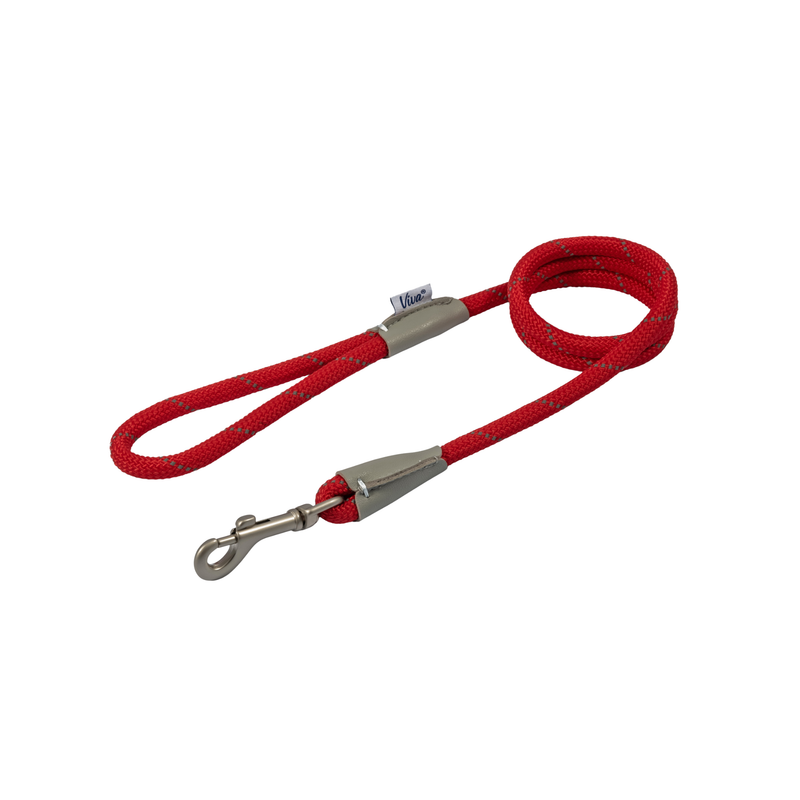 White background with a red 1.07 x 10mm Ancol Viva Reflective Lead with grey reflective thread strips.