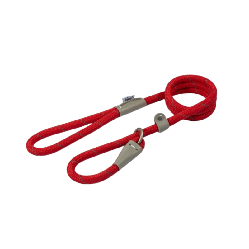 White background with a red 1.2mX12mm Ancol Viva Reflective Slip Lead with grey reflective thread strips.