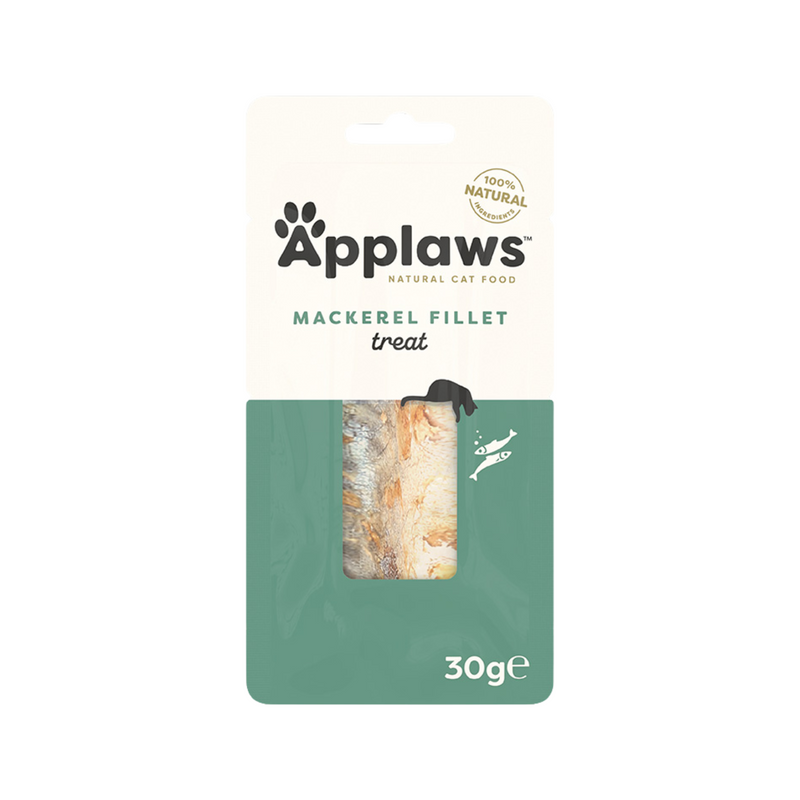 White background with a green and cream packet of Applaws Mackerel Fillet treat. On the pack is a silhouette of a cat and fish with a window showing the fish fillet inside. 