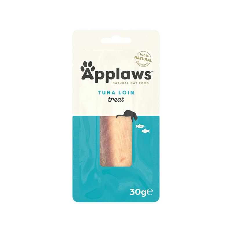 White background with a teal and cream packet of Applaws Tuna Loin treat. On the pack is a silhouette of a cat and fish with a window showing the fish fillet inside. 