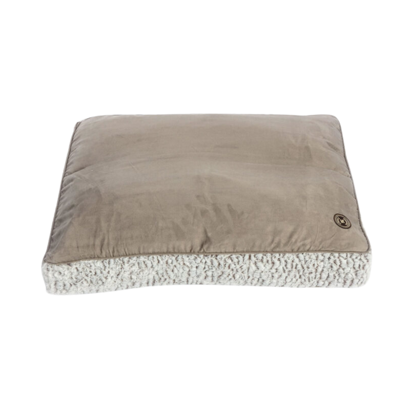 Front view of a pillow-type brown faux suede dog bed with faux fur trimming. 