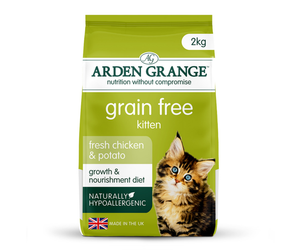 A 2kg bag of Arden Grange, Grain Free, Kitten food, featuring a bright green packaging design with a photo of a tabby kitten on the front.