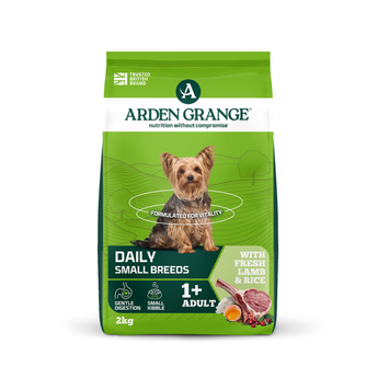 A 2kg bag of Arden Grange, Daily, Small Breeds dog food, formulated for adults. The packaging is bright green with a photo of a Yorkshire Terrier in the center, and displays 'With Fresh Lamb & Rice' along with ingredient icons at the bottom.