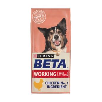 A bag of Purina Beta Working adult dog food, Chicken No. 1 Ingredient, featuring a photo of a black and white dog on a salmon-pink background with a cream lower section.