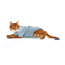 White background with an adult bengal cat wearing a geometric blue bodysuit while lying down pictured. 