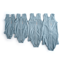 White background with four geometric blue bodysuits for cats pictured. 