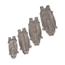 White background with four beige bodysuits for cats pictured. 