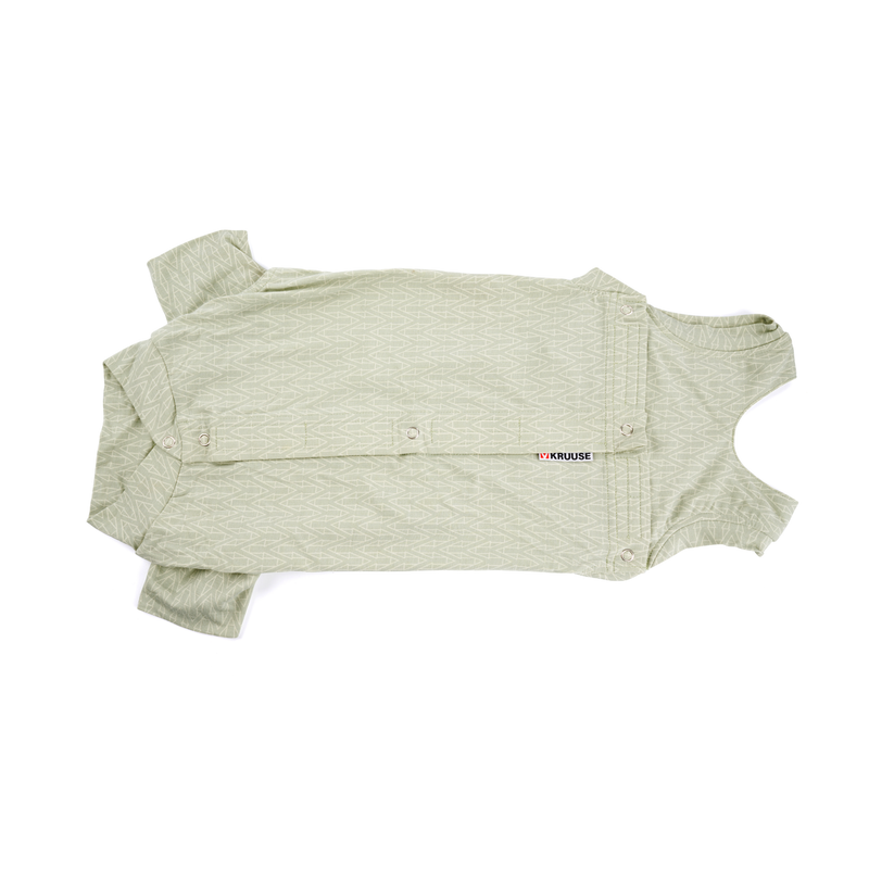 White background with a top view of a geometric green bodysuits for dogs pictured. 