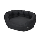 Oval bolster-type black dog bed pictured on a white background. 