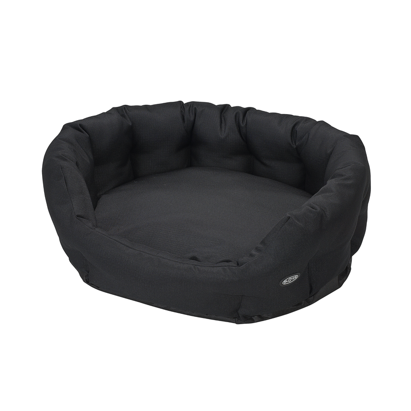 Oval bolster-type black dog bed pictured on a white background. 