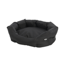 Oval bolster-type black dog bed pictured on a white background. 